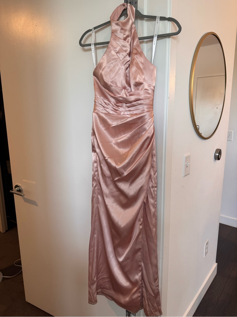 Azazie Satin Halter Gown in Rose Blush